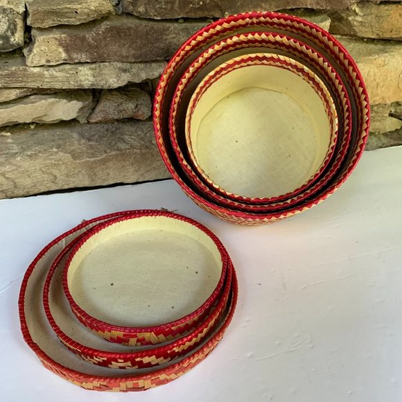 3 Box Set Baskets Red Stacking Graduated Dog Motif Boho Storage Decor Organizing - Picture 3 of 16